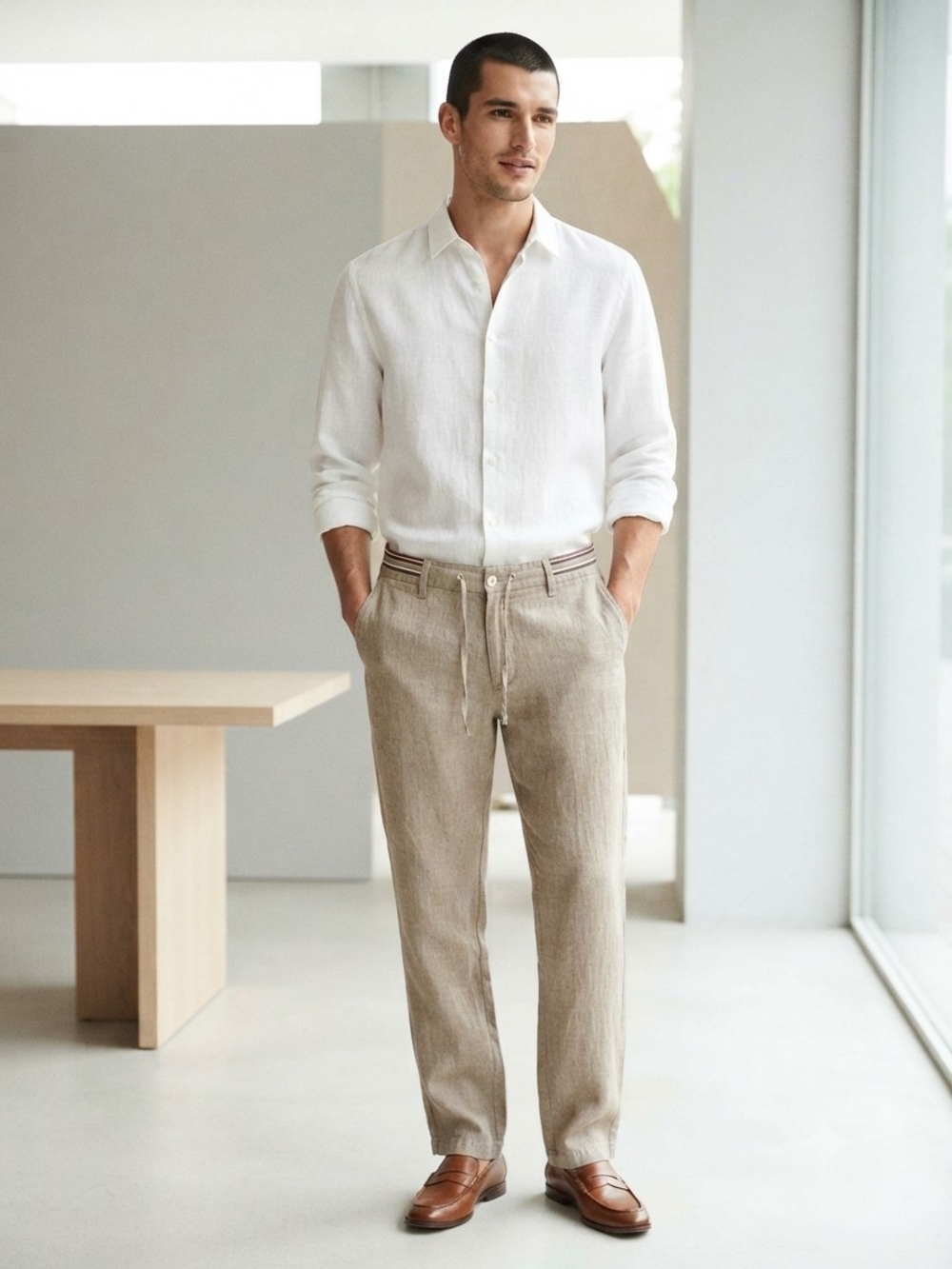 Zara Man 100% Linen Casual Trousers Neutral Beige Large Coastal Quite Luxury